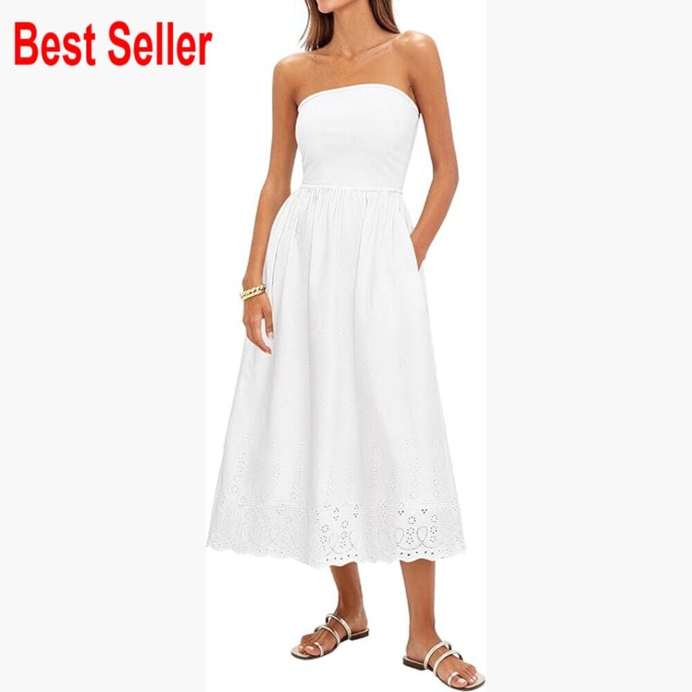 Cotton Eyelet Strapless Maxi Dress with Pockets Fit & Flare